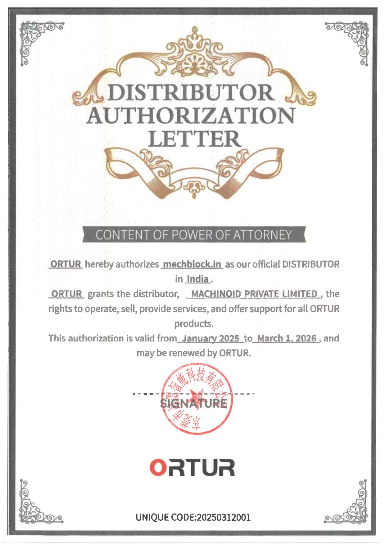 ortur autherization certificate