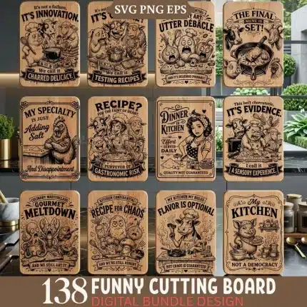 Funny Cutting Board SVG Bundle – 138 Vintage Kitchen Humor Designs | Farm Animal Engraving SVG, PNG, EPS for Laser Cutting