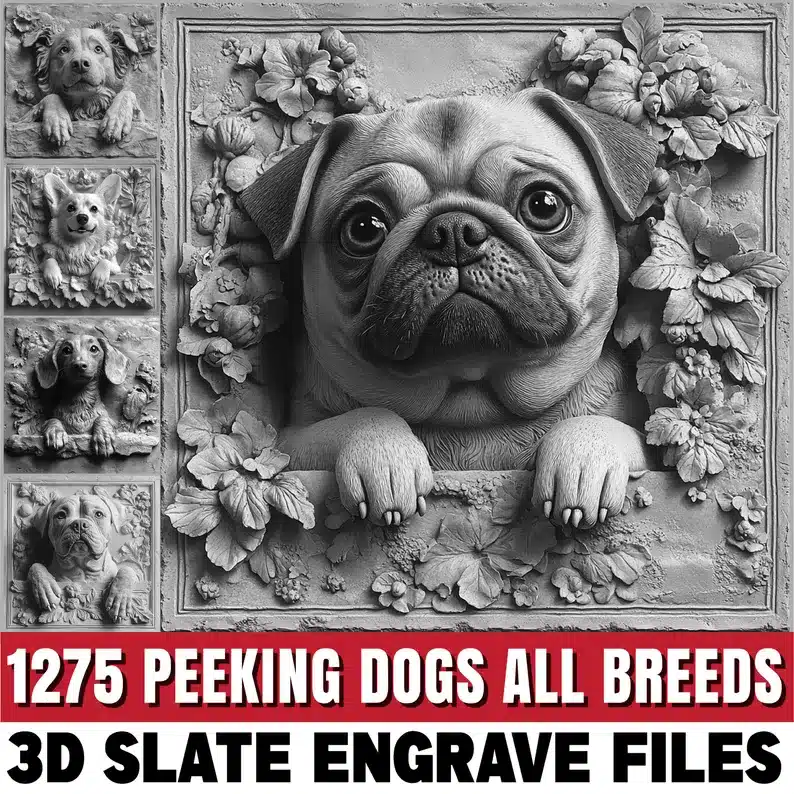il_794xN.6992184538_fzqk 1275 Peeking Dogs All Breeds 3D Slate Engraving Laser Files Bundle - Image 1